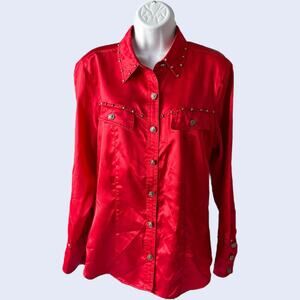 Stonebridge 8 Y2K Western Studded Satin Shirt Red Collared Long Sleeve 90s